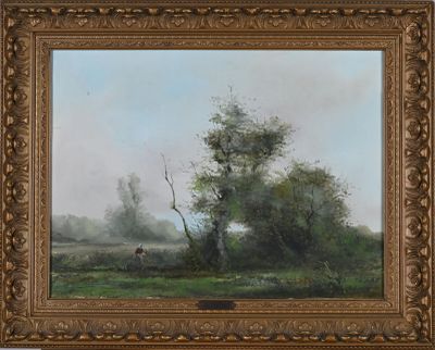 an image of a painting of a landscape with a cow in a field