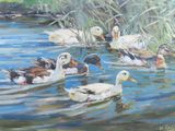 painting of a group of ducks swimming in a pond of water