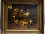 un tableau représentant un chien et un chat jouant avec un panier