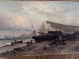 a picture of a painting of a boat on the beach