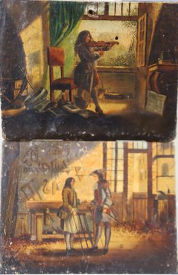 deux tableaux représentant un homme et une femme dans une pièce