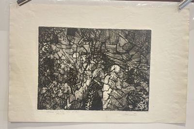 a black and white picture of a painting hanging on a wall