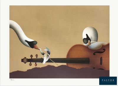 une photo d'un tableau représentant deux cygnes jouant de la guitare