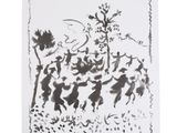 dessin à l'encre en noir et blanc représentant un groupe de personnes dans une forêt