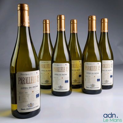 six bouteilles de vin sont alignées sur une table