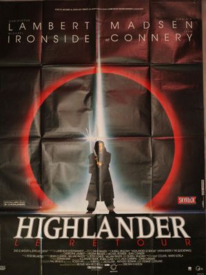 the poster for the movie highlander starring a man with a sword in his hand