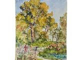 watercolor painting of a path in a park with trees and flowers