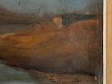 an oil painting of a landscape with a river in the foreground