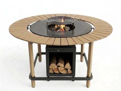 a table with a fire pit on top of it