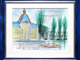 drawing of a fountain in front of a building with a dome on top of it