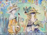 painting of two women with hats and a guitar in front of a fence