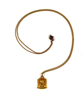an image of a gold necklace with a buddha pendant on it