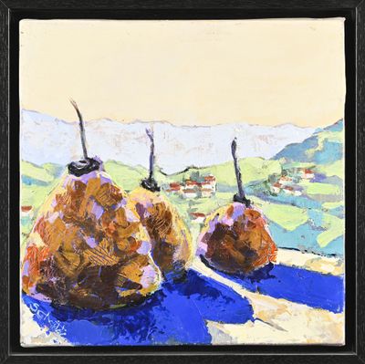 peinture représentant des bottes de foin dans un champ, avec un village en arrière-plan