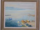 a painting of boats on the water by the shore