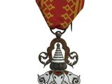 une image représentant une médaille rouge et dorée ornée d'une croix