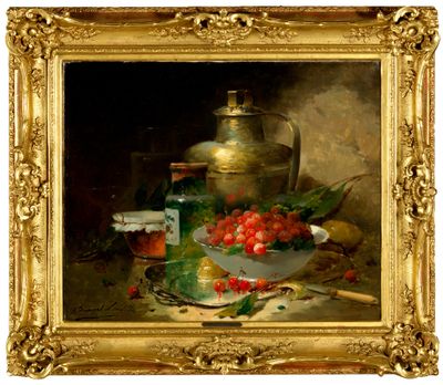 tableau représentant un bol de fraises et d'autres fruits posé sur une table
