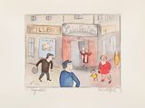 un dessin représentant un homme, une femme et un enfant devant un magasin