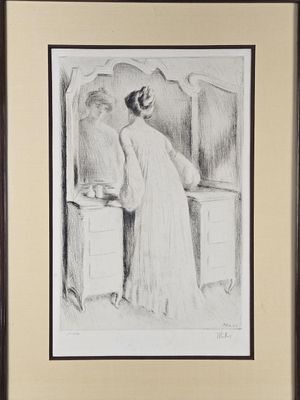 dessin représentant une femme en robe blanche debout devant un miroir