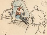drawing of a man standing in front of a car and another man standing next to him