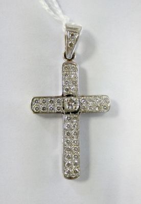 a white gold cross pendant with diamonds on a white background