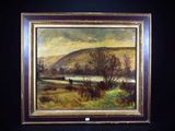 une peinture à l'huile représentant un paysage avec une rivière au loin