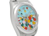 an image of a wrist watch with a multicolored pattern on the face