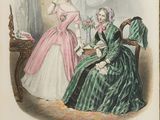 an old fashion illustration of a woman in a green dress and a woman in a pink dress