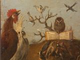 painting of a group of chickens and birds in a field with birds flying overhead