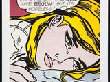 a painting of a woman laying in bed with a speech bubble above her head