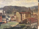a painting of a view of a town from a window