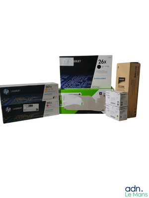 three toner cartridges and a box of toner paper on a white background