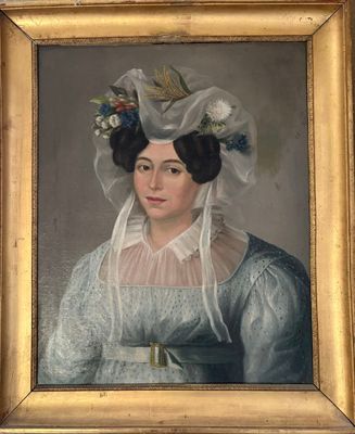 tableau représentant une femme en robe bleue, portant un voile et des fleurs dans les cheveux