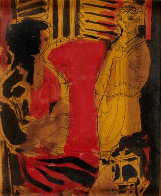 tableau représentant un homme et une femme assis sur une chaise rouge