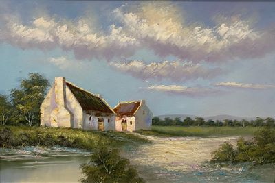 a painting of a house by the water with a thatched roof