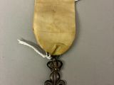 un gros plan d'une médaille avec un ruban posée sur une table