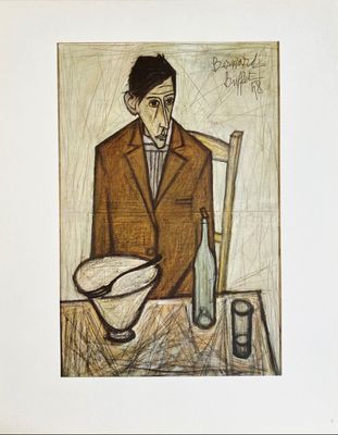 painting of a man in a suit sitting at a table with a bowl and a bottle