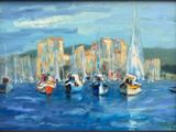 painting of a group of sailboats in a harbor with buildings in the background