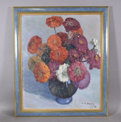 a painting of flowers in a blue vase on a table