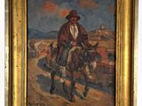 an oil painting of a man riding a horse on a dirt road