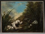 an image of a painting of a dog and a duck in a pond