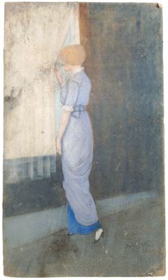 painting of a woman in a blue dress looking out of a window