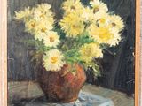 a painting of yellow flowers in a vase on a table