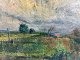 an oil painting of a farm scene with a red barn in the distance