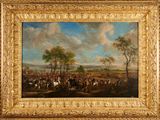 une peinture à l'huile représentant un grand groupe de personnes à cheval
