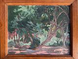 une peinture à l'huile représentant un tableau représentant une scène forestière, dans un cadre en bois