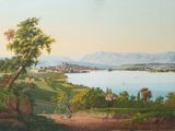 tableau représentant une vue sur un lac et une ville, avec une montagne en arrière-plan