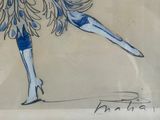 dessin représentant une femme vêtue d'une robe bleue et blanche, tenant une raquette de tennis