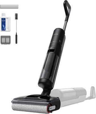 une image représentant un aspirateur noir et blanc avec un kit de nettoyage