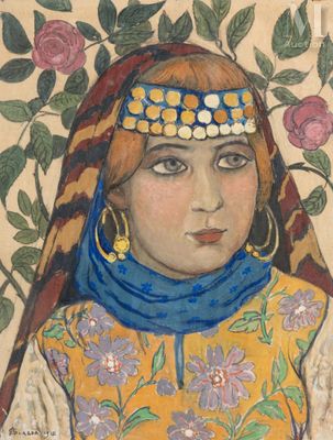 tableau représentant une femme portant une coiffe bleue et un foulard bleu