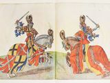 two pictures of a man and a woman riding on horses